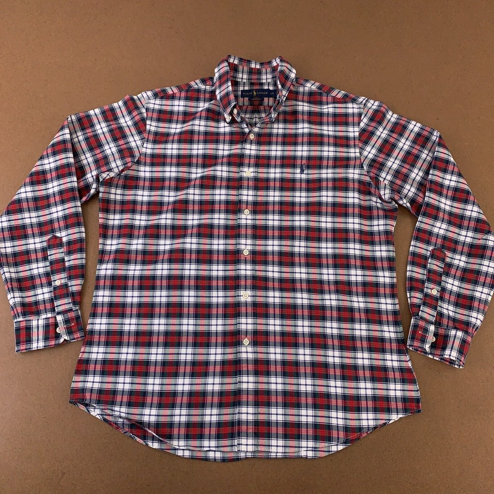 Ralph Lauren Mens Size Large Custom Fit Red Plaid Long Sleeve Button Front Shirt